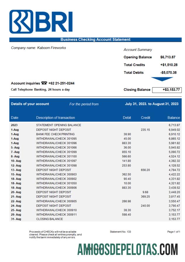 Banco Baixável BRI Business Bank Statement modelo Word e PDF